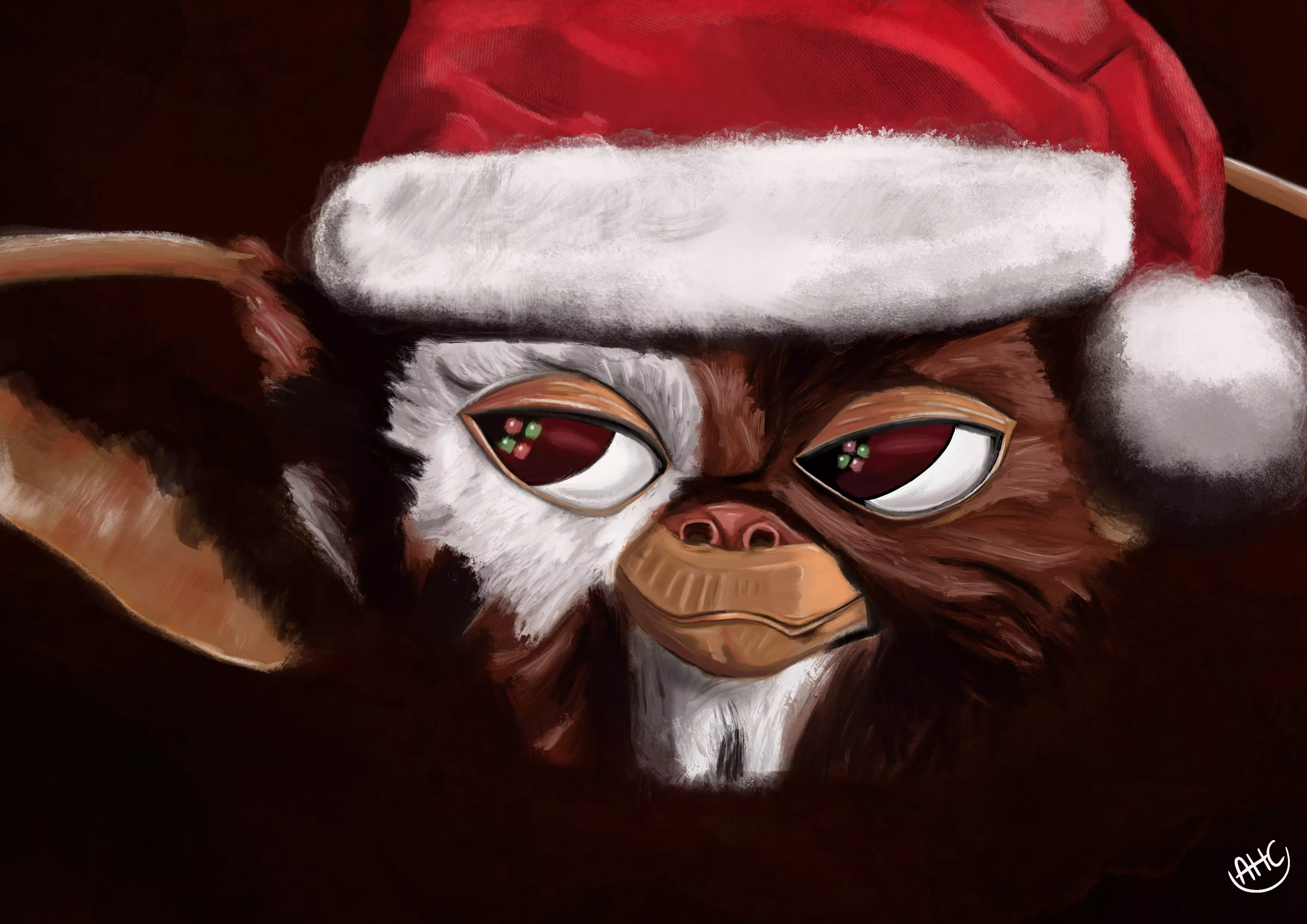 Gizmo from Gremlins wearing a Santa hat
