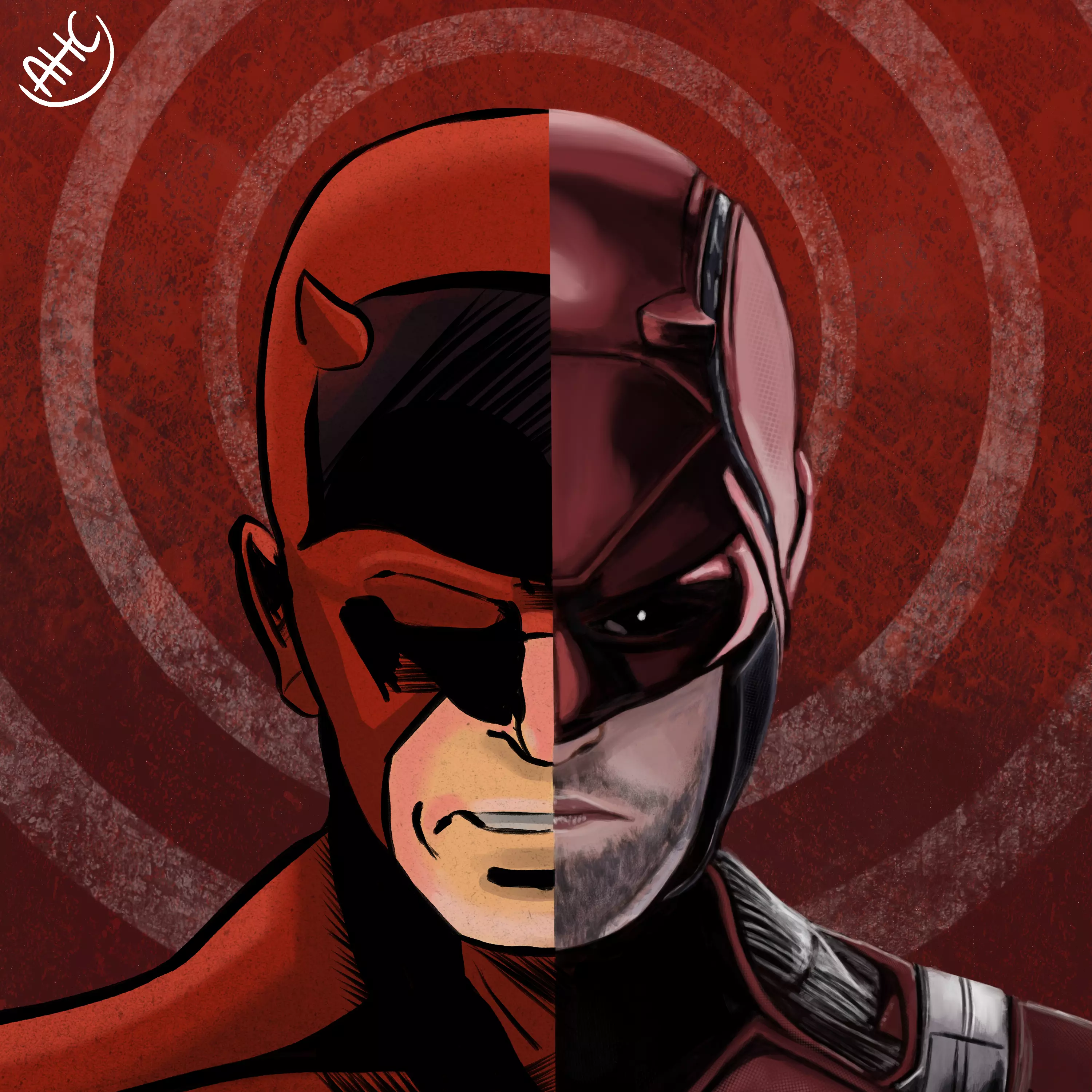 A painting of Marvel's Daredevil, where the left side is styled after Frank Millar's artwork, and the rightside is a realistic painting of Charlie Cox's from the Netflix and Disney+ shows