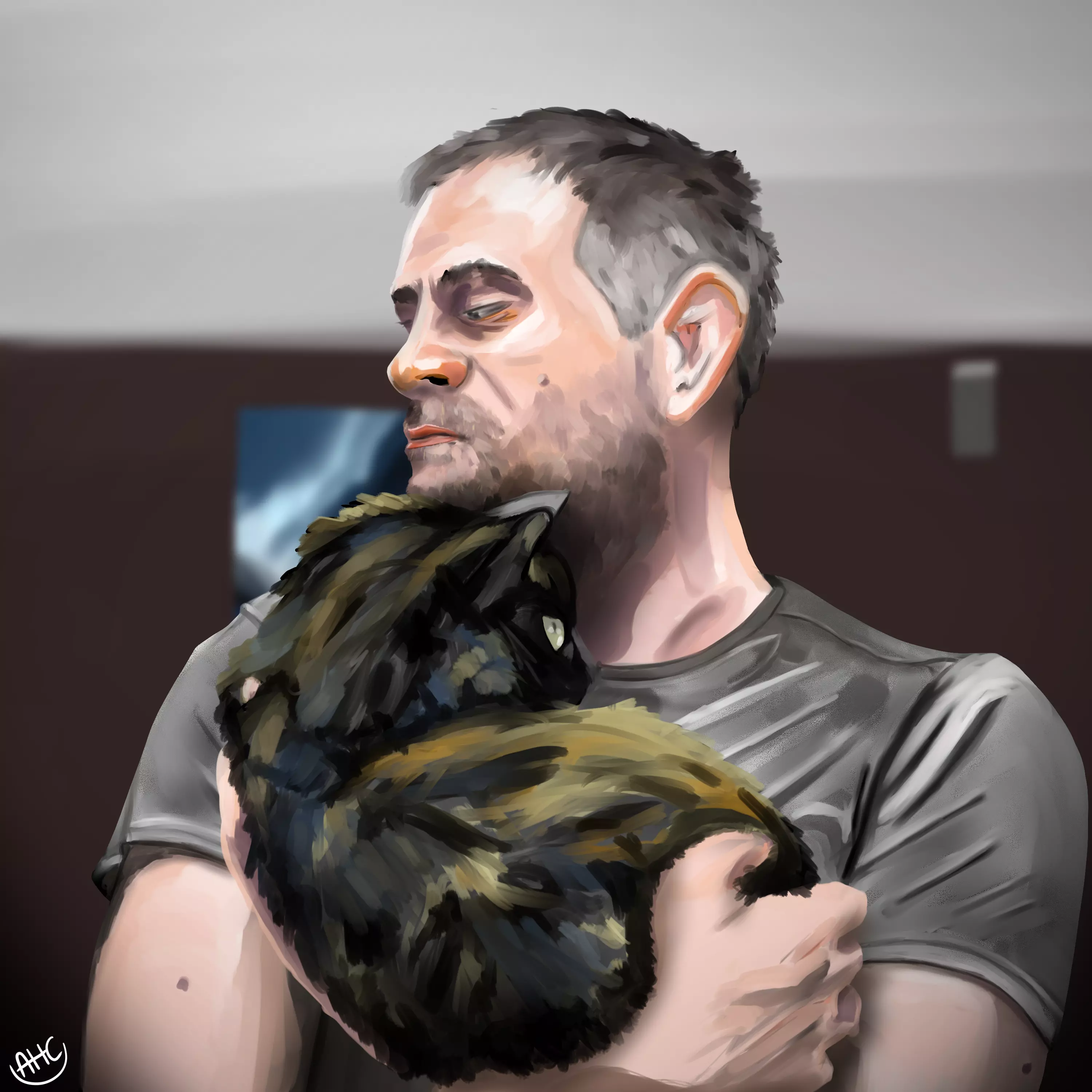 A self-portrait of Andy holding his fluffiest cat, Moxxi.