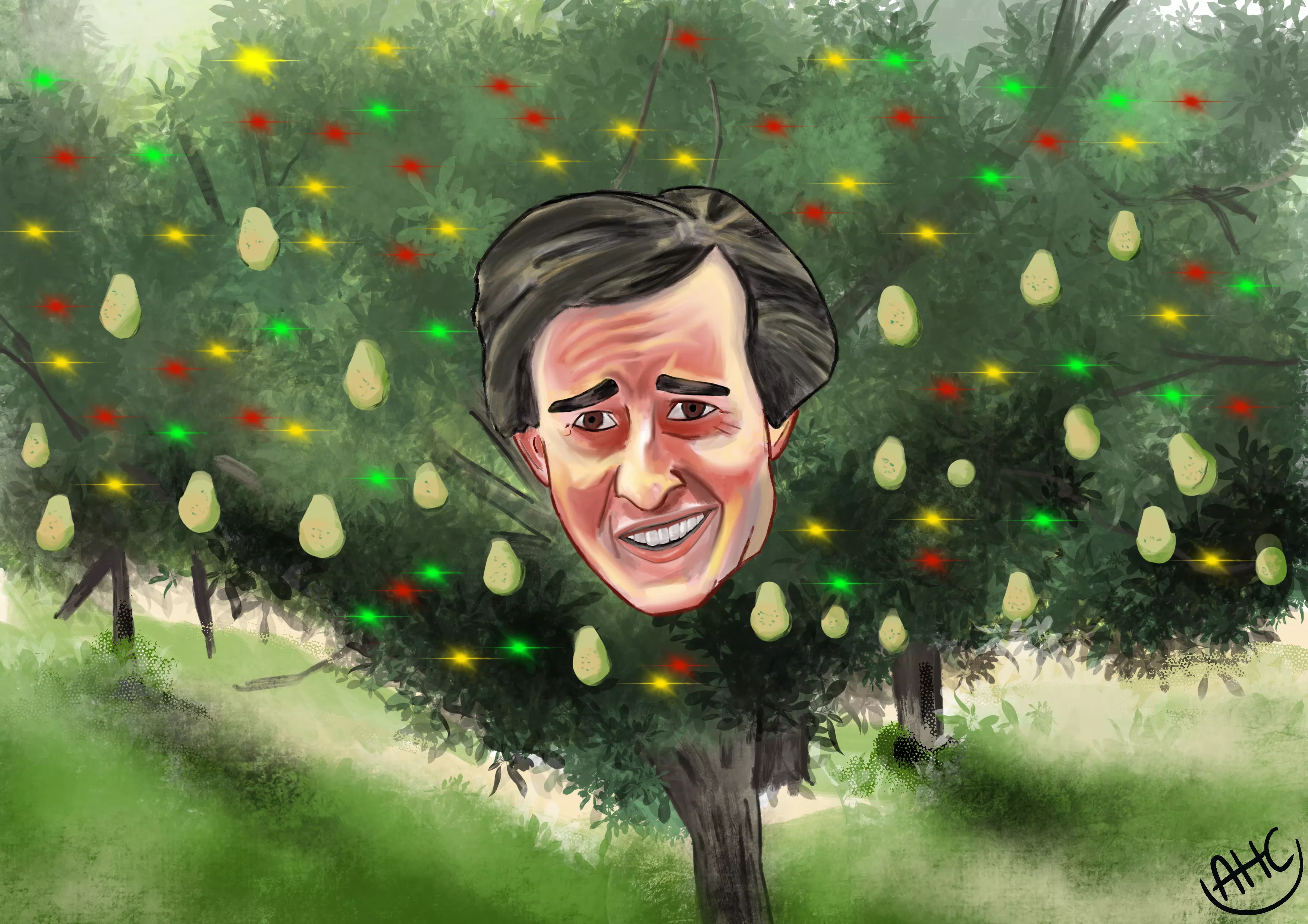 A digitally painted picture of Alan Partridge's head floating in a pear tree