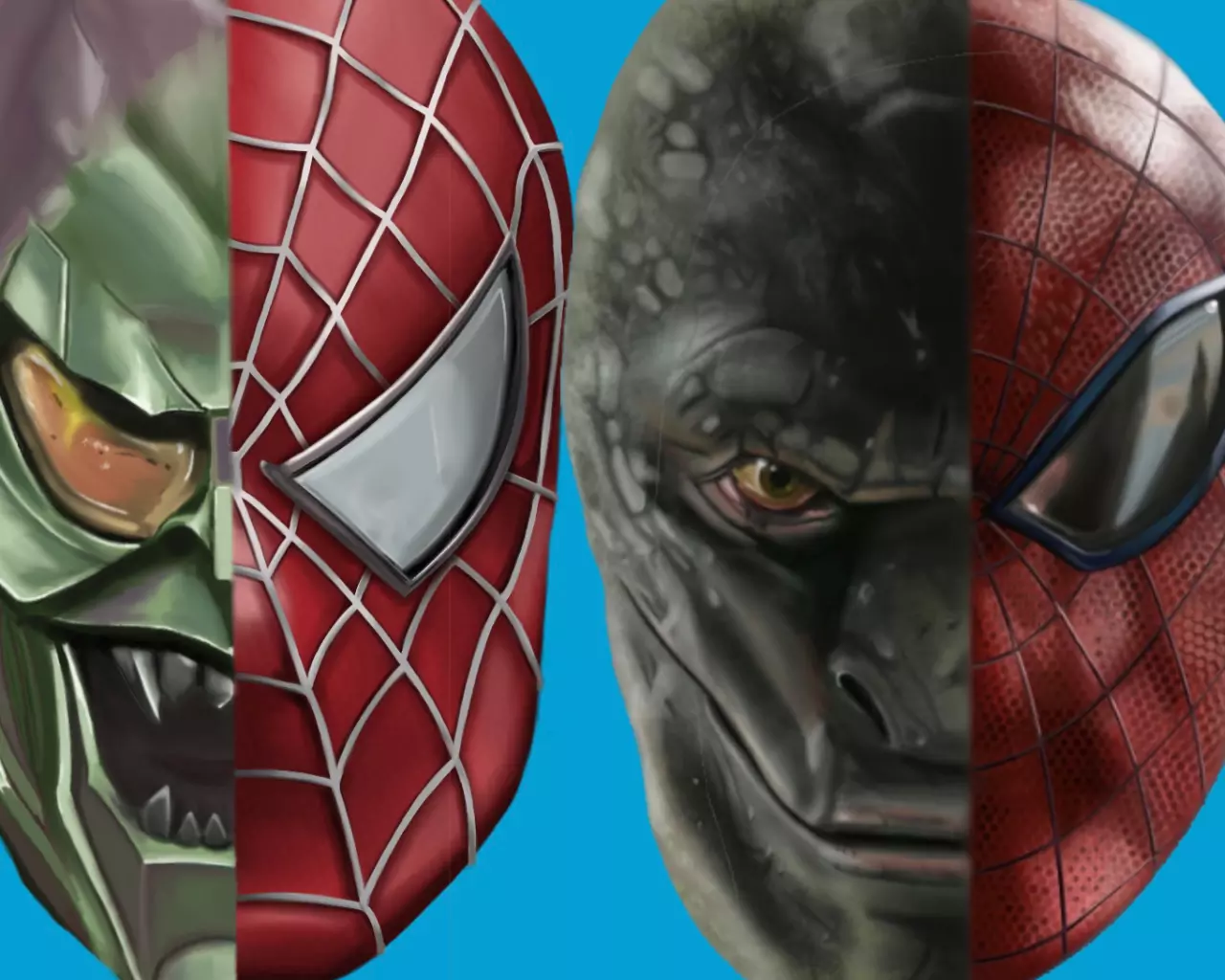 A painting of both Tobey Maguire and Andrew Garfield's Spider-Man, where their first villain makes up half their face.