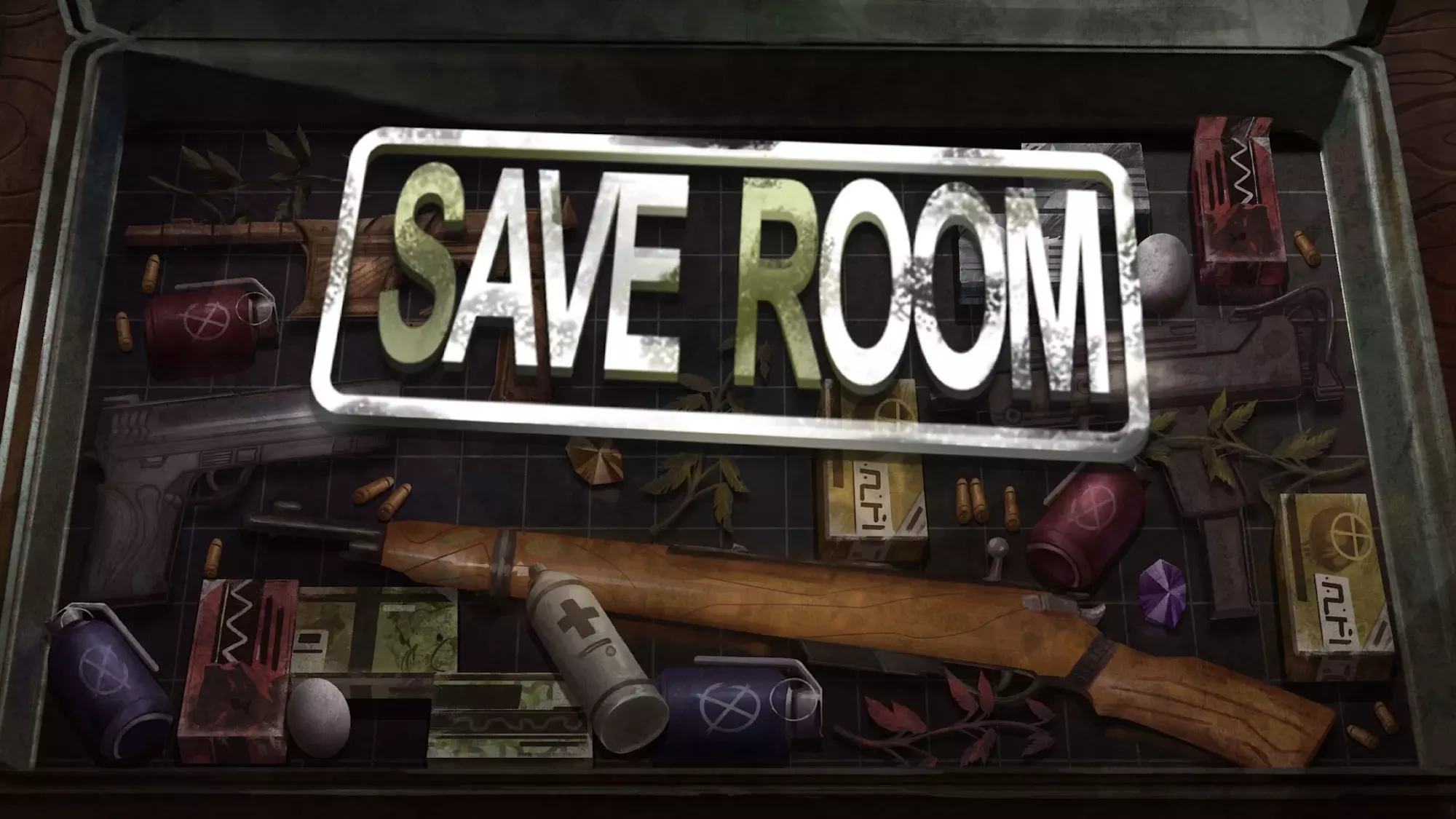 The Save Room hero image, showing the logo and a bunch of items in a chest